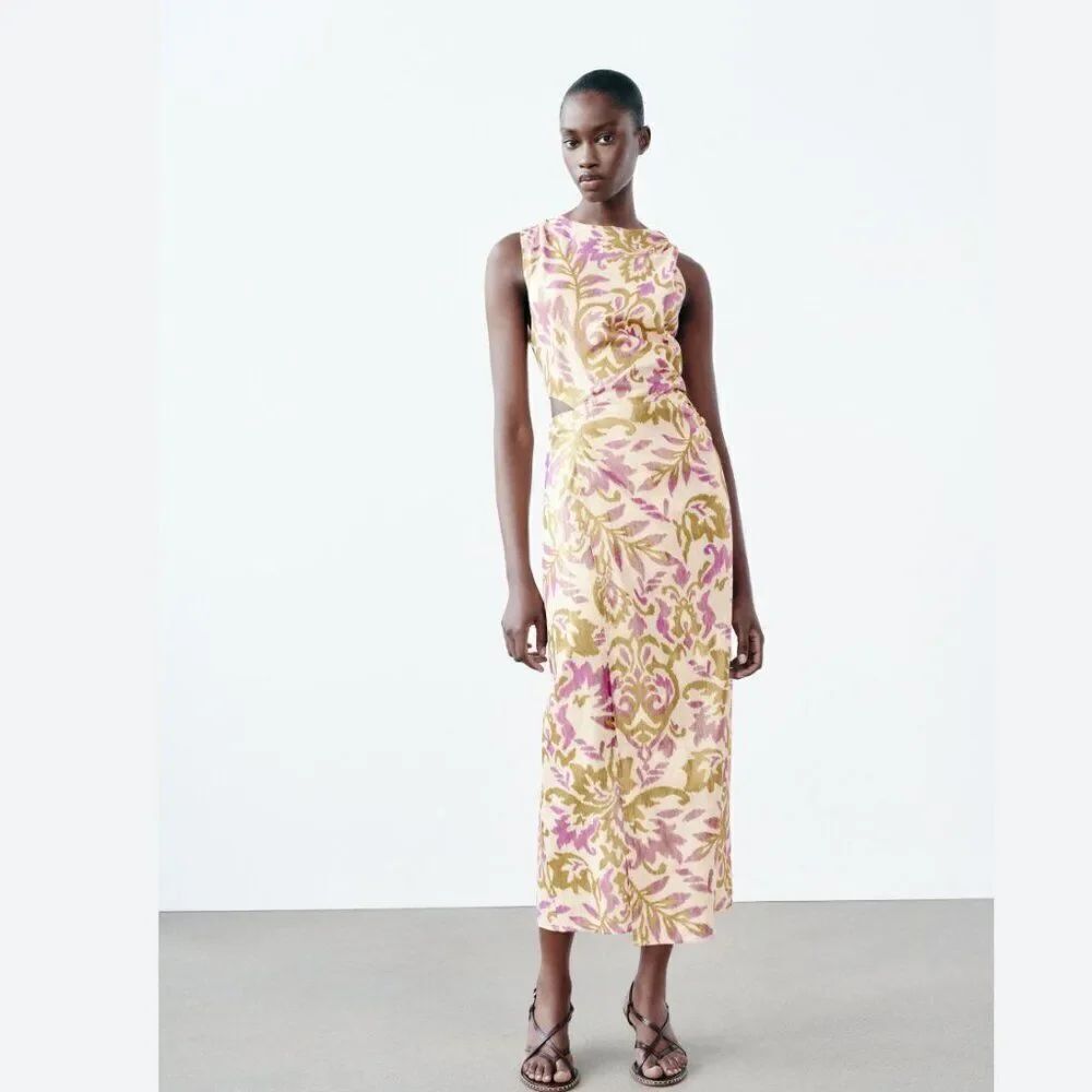 Zara Womens Paisley Cut Out Midi Dress M Purple Gold Sleeveless 8440/709 NWT